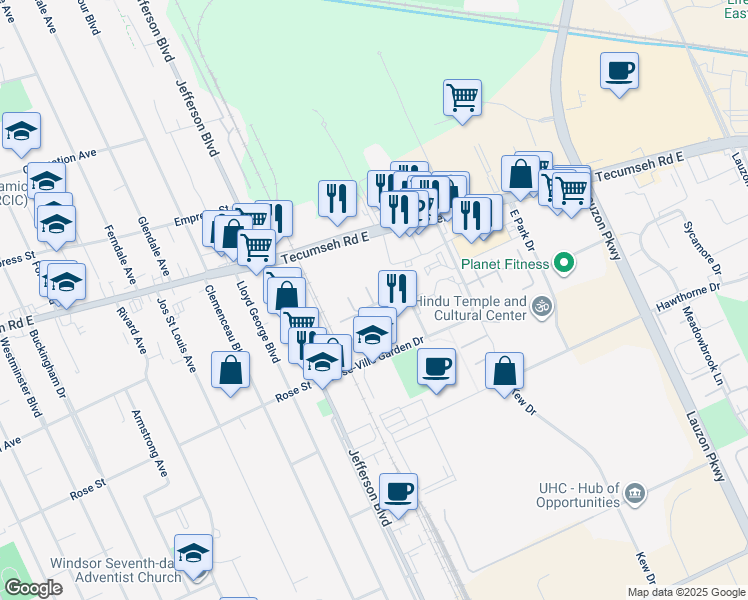 map of restaurants, bars, coffee shops, grocery stores, and more near 6344 Thornberry Crescent in Windsor
