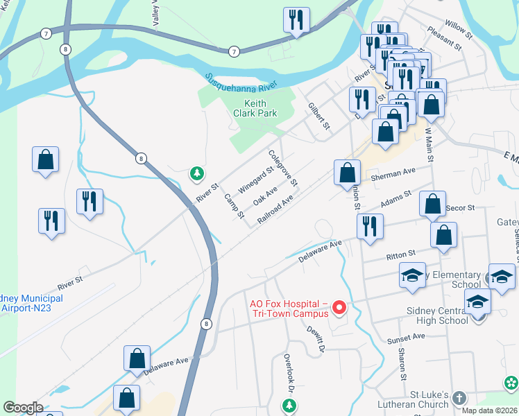 map of restaurants, bars, coffee shops, grocery stores, and more near 29 Oak Avenue in Sidney