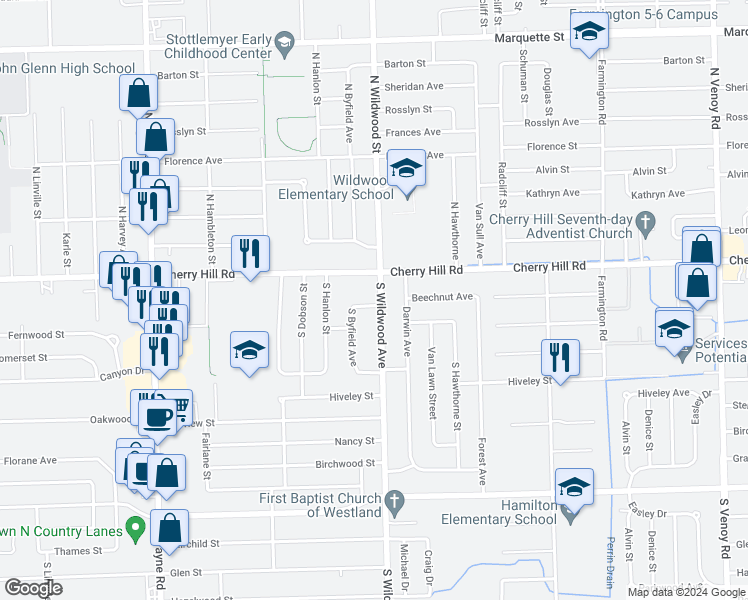 map of restaurants, bars, coffee shops, grocery stores, and more near 206 South Wildwood Avenue in Westland