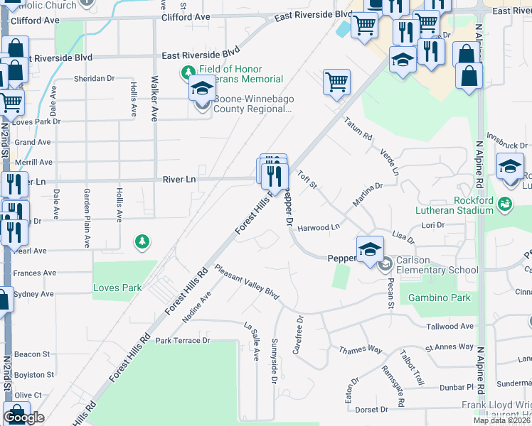 map of restaurants, bars, coffee shops, grocery stores, and more near 3619 Pepper Drive in Rockford