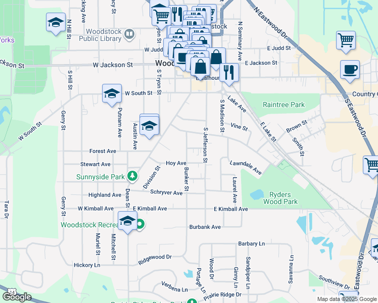 map of restaurants, bars, coffee shops, grocery stores, and more near 603 Bunker Street in Woodstock