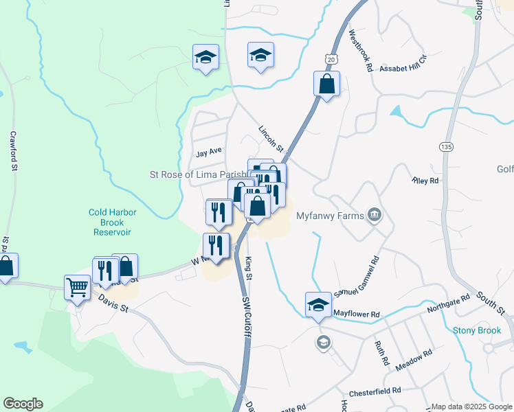 map of restaurants, bars, coffee shops, grocery stores, and more near 270 West Main Street in Northborough