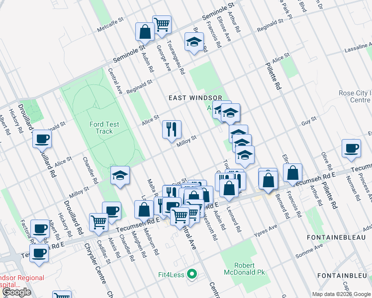 map of restaurants, bars, coffee shops, grocery stores, and more near 1819 Aubin Road in Windsor