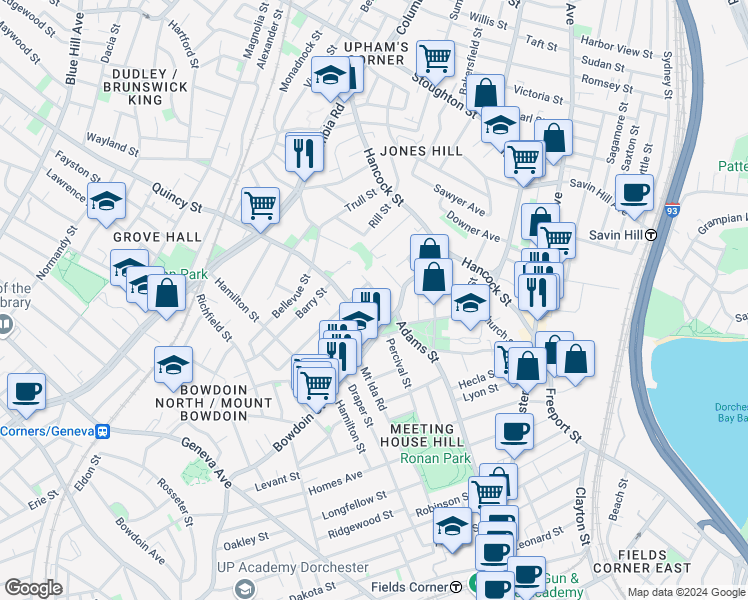 map of restaurants, bars, coffee shops, grocery stores, and more near 11 Coleman Street in Boston
