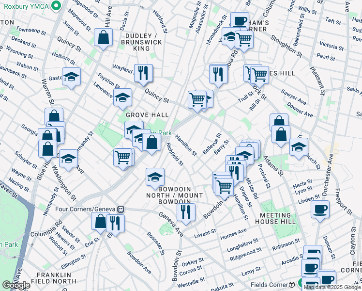 map of restaurants, bars, coffee shops, grocery stores, and more near 29 Hamilton Street in Boston