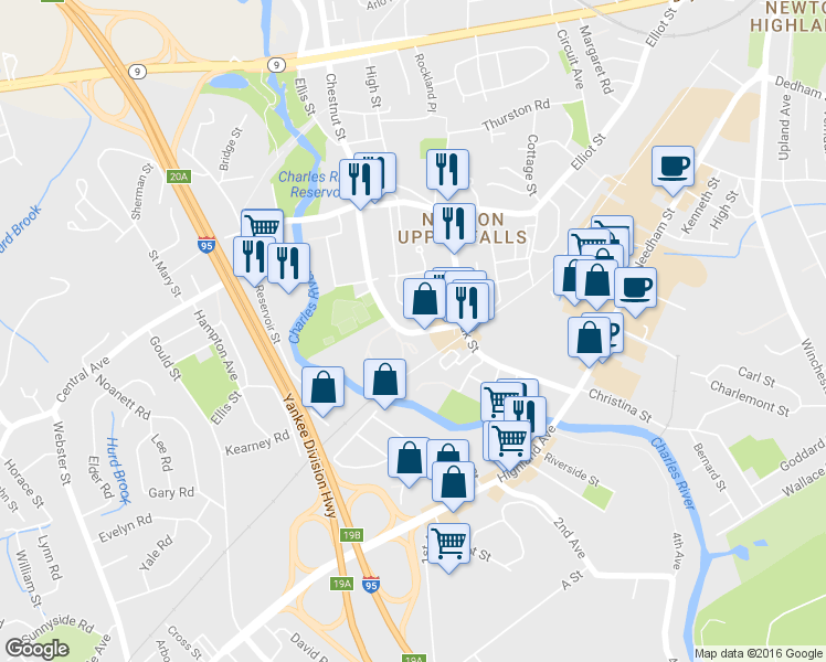 map of restaurants, bars, coffee shops, grocery stores, and more near 1175 Chestnut Street in Newton