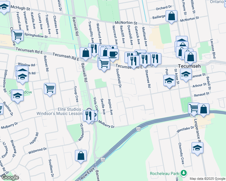 map of restaurants, bars, coffee shops, grocery stores, and more near 1294 Cardinal Crescent in Windsor