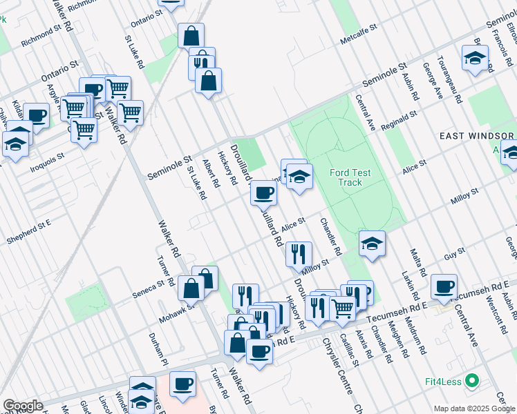 map of restaurants, bars, coffee shops, grocery stores, and more near in Windsor