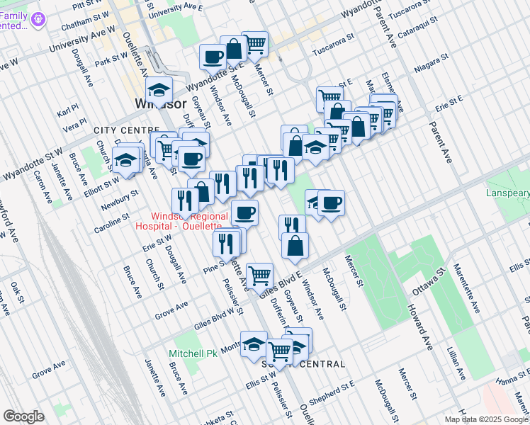 map of restaurants, bars, coffee shops, grocery stores, and more near 1036 Goyeau Street in Windsor