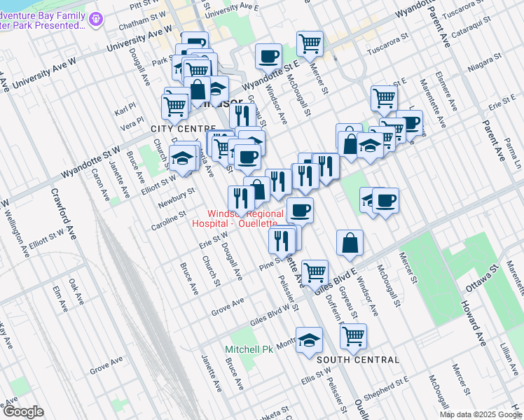 map of restaurants, bars, coffee shops, grocery stores, and more near 991 Ouellette Avenue in Windsor