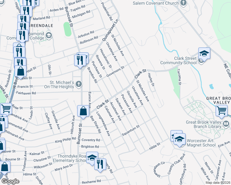 map of restaurants, bars, coffee shops, grocery stores, and more near 122 Clark Street in Worcester