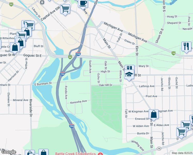 map of restaurants, bars, coffee shops, grocery stores, and more near 28 Echo Street in Battle Creek