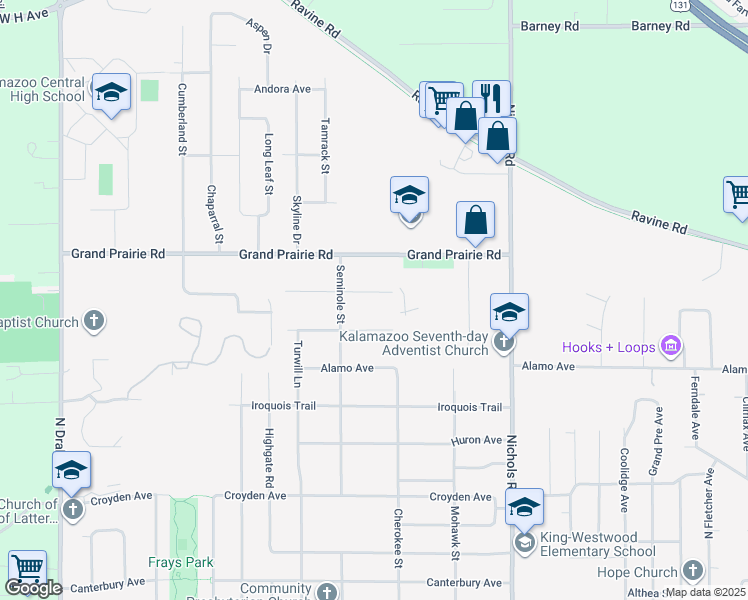 map of restaurants, bars, coffee shops, grocery stores, and more near 3623 Pontiac Avenue in Kalamazoo