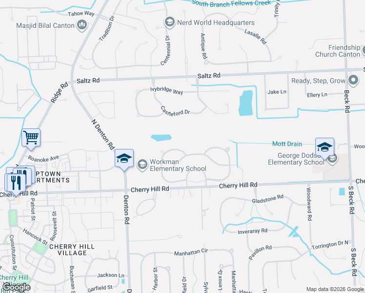 map of restaurants, bars, coffee shops, grocery stores, and more near 48922 Woodson Way in Canton