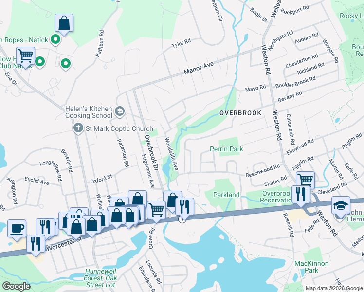 map of restaurants, bars, coffee shops, grocery stores, and more near 64 Woodside Avenue in Wellesley