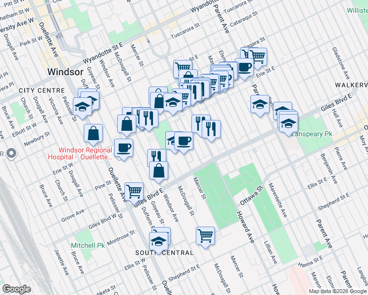 map of restaurants, bars, coffee shops, grocery stores, and more near 1128 Mercer Street in Windsor