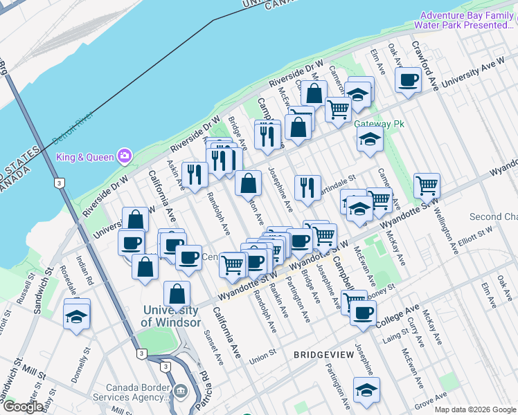 map of restaurants, bars, coffee shops, grocery stores, and more near 374 Partington Avenue in Windsor