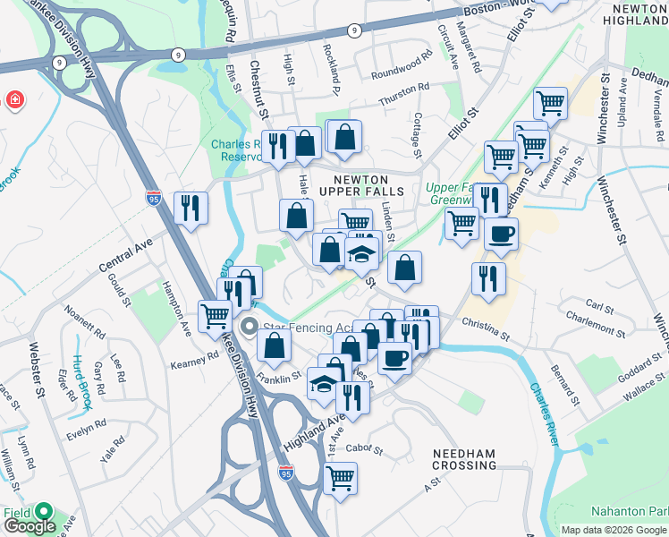 map of restaurants, bars, coffee shops, grocery stores, and more near 1194 Chestnut Street in Newton
