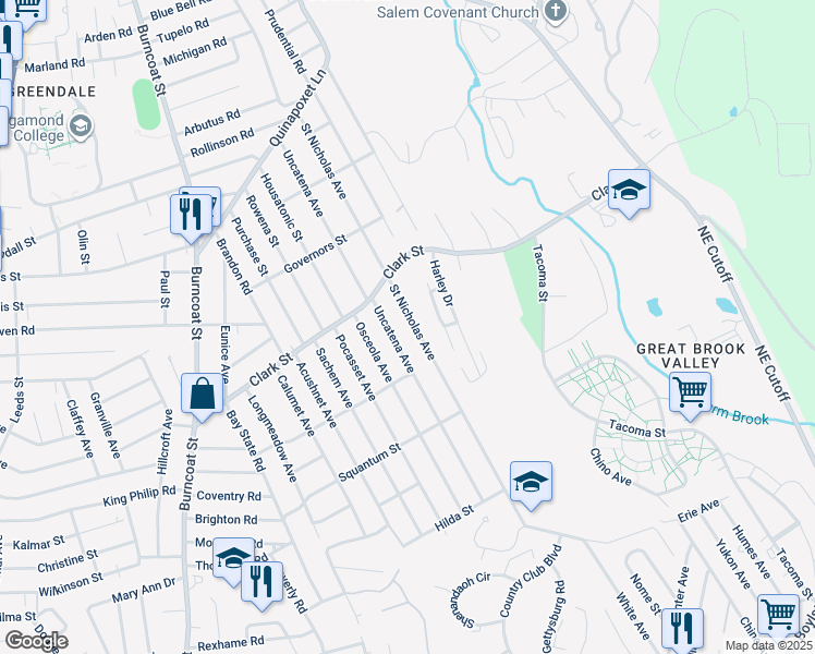 map of restaurants, bars, coffee shops, grocery stores, and more near 198 Saint Nicholas Avenue in Worcester