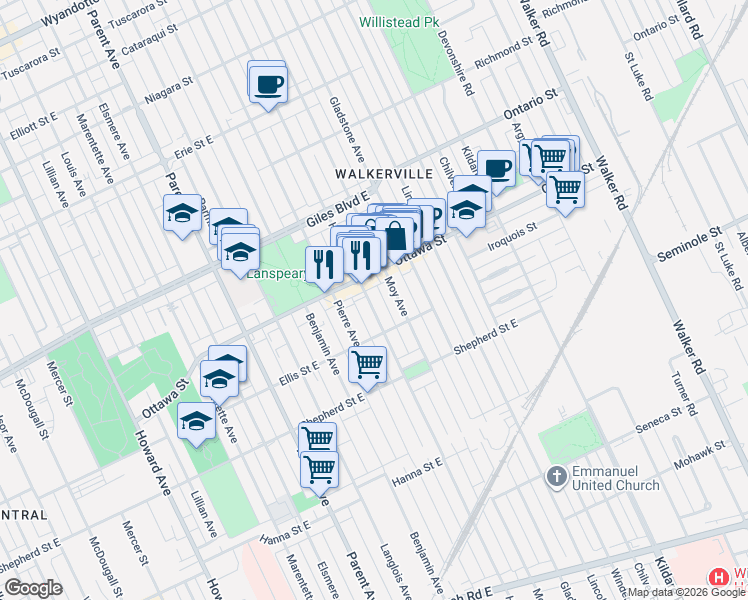 map of restaurants, bars, coffee shops, grocery stores, and more near in Windsor