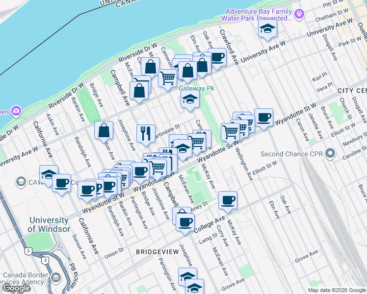 map of restaurants, bars, coffee shops, grocery stores, and more near 490 Curry Avenue in Windsor