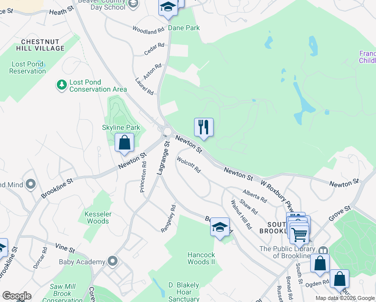 map of restaurants, bars, coffee shops, grocery stores, and more near 14 Wolcott Road in Brookline