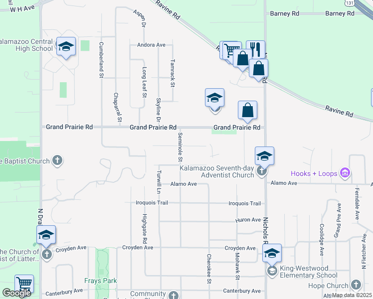 map of restaurants, bars, coffee shops, grocery stores, and more near 3623 Pontiac Avenue in Kalamazoo