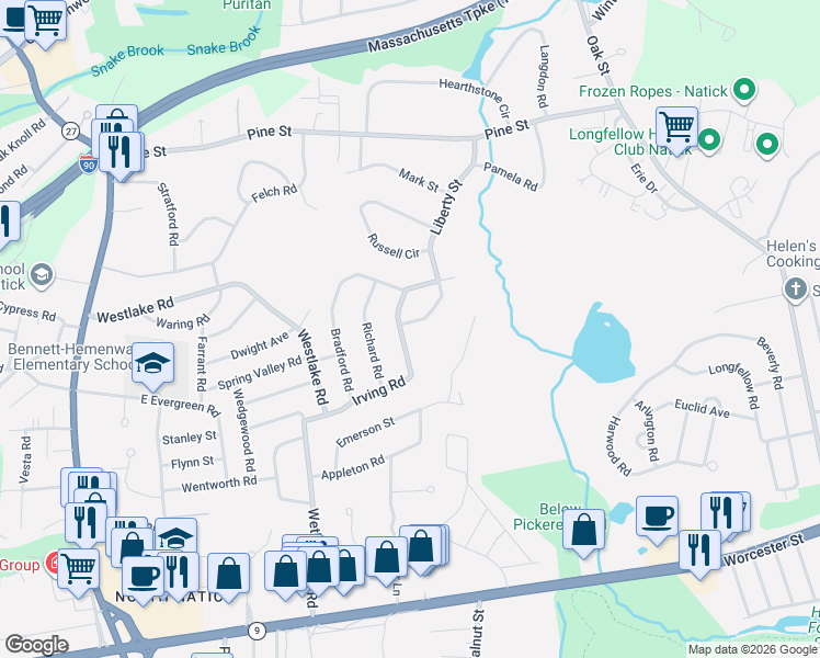 map of restaurants, bars, coffee shops, grocery stores, and more near 1 Liberty Street in Natick