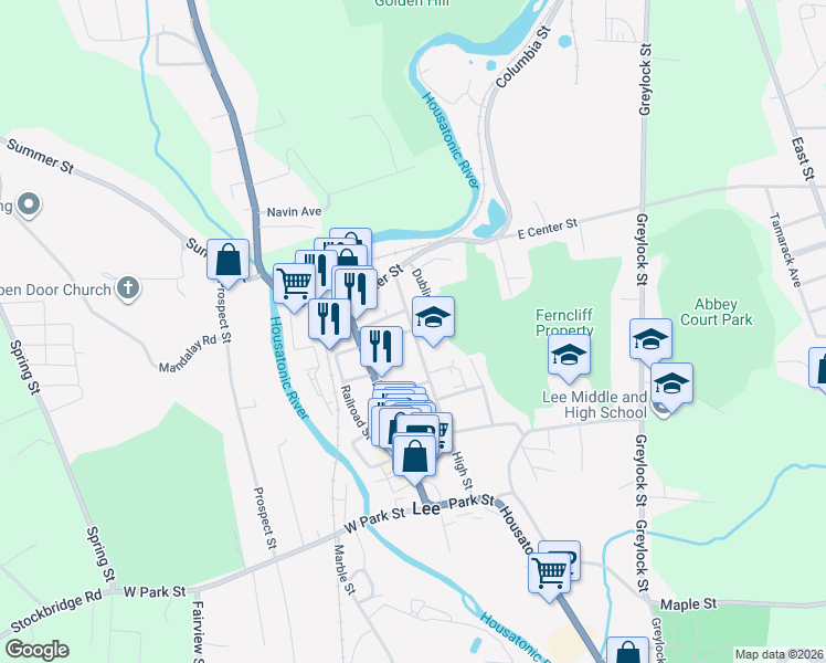 map of restaurants, bars, coffee shops, grocery stores, and more near 98 Ferncliff Avenue in Lee