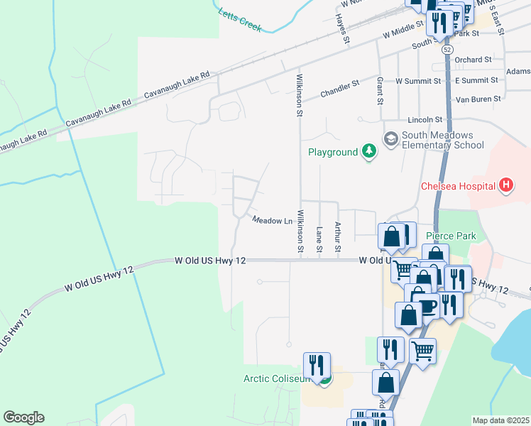 map of restaurants, bars, coffee shops, grocery stores, and more near 1224 Meadow Lane in Chelsea