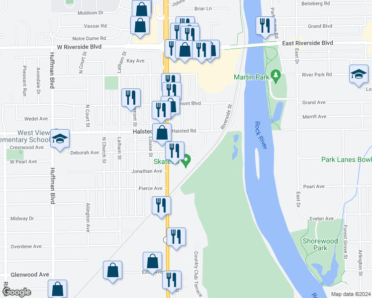 map of restaurants, bars, coffee shops, grocery stores, and more near 3319 Sun Valley Terrace in Rockford