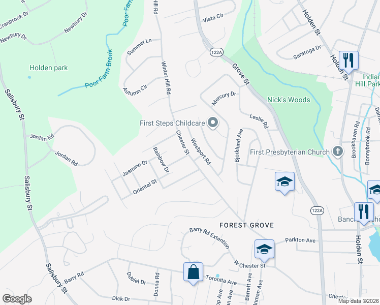 map of restaurants, bars, coffee shops, grocery stores, and more near 154 Chester Street in Worcester
