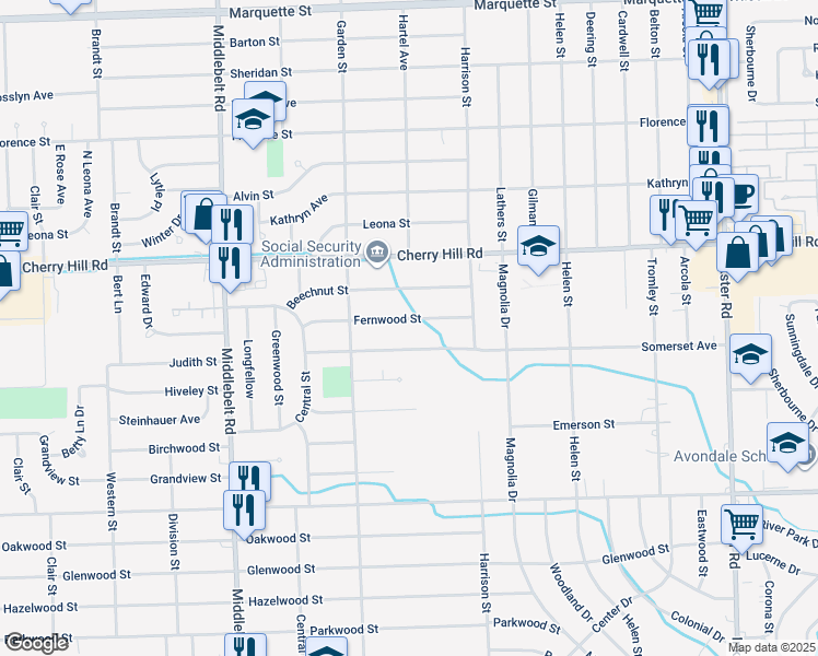 map of restaurants, bars, coffee shops, grocery stores, and more near 28580 Somerset Street in Inkster