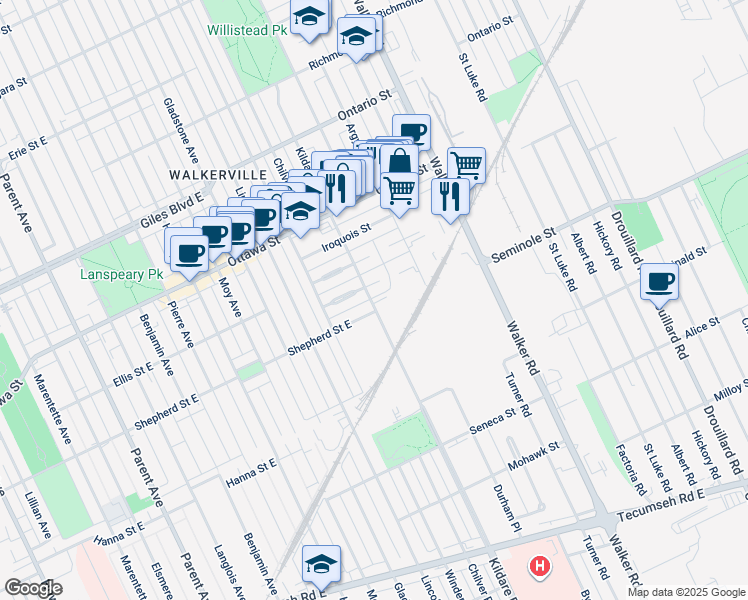 map of restaurants, bars, coffee shops, grocery stores, and more near 1478 Kildare Road in Windsor