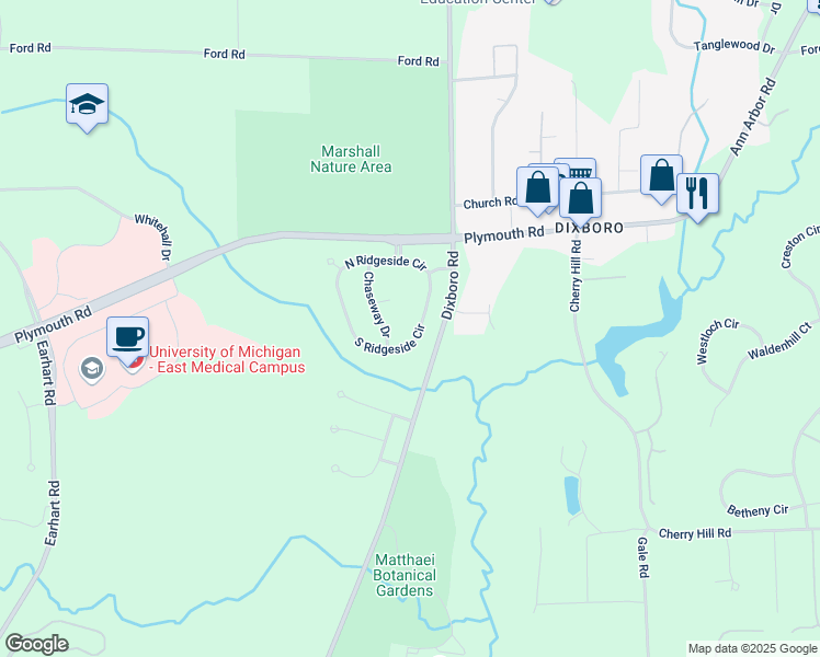 map of restaurants, bars, coffee shops, grocery stores, and more near 4976 South Ridgeside Circle in Ann Arbor