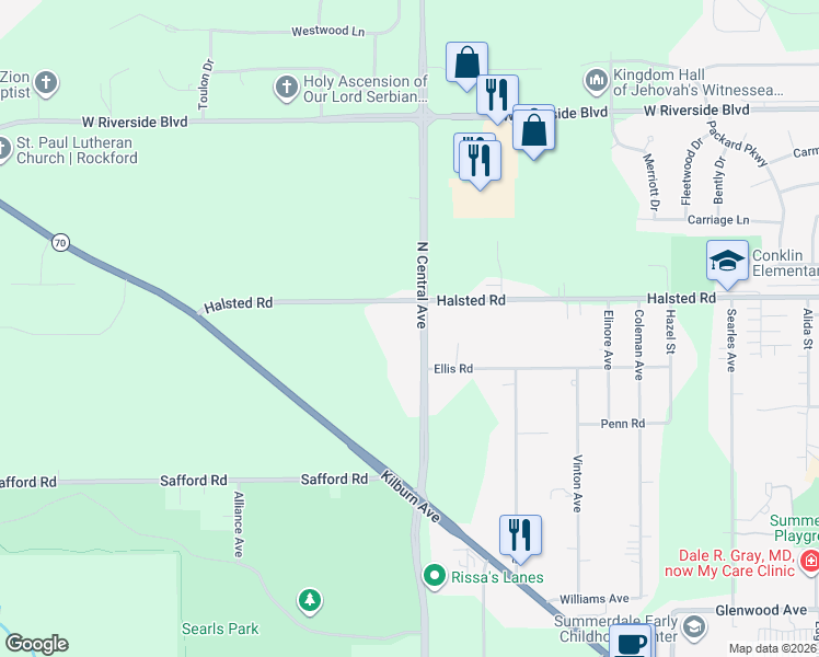 map of restaurants, bars, coffee shops, grocery stores, and more near 3222 North Central Avenue in Rockford