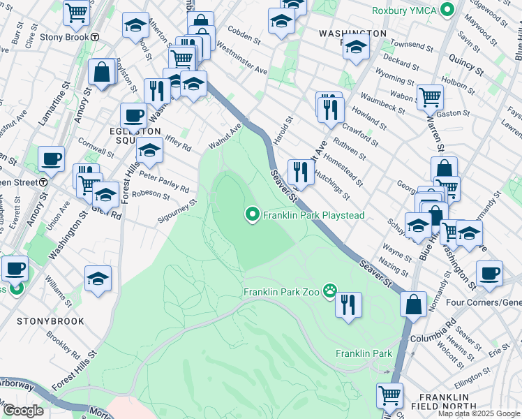 map of restaurants, bars, coffee shops, grocery stores, and more near Playstead Road in Boston