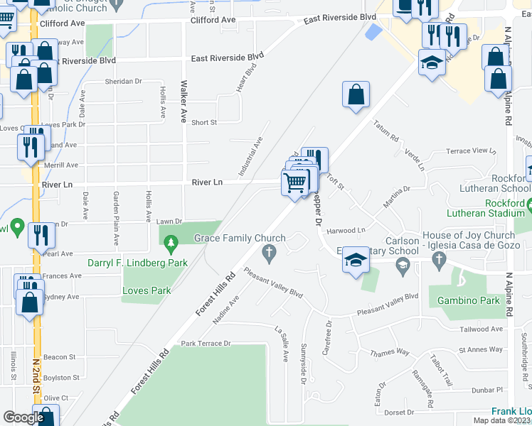 map of restaurants, bars, coffee shops, grocery stores, and more near 5800 Forest Hills Road in Loves Park