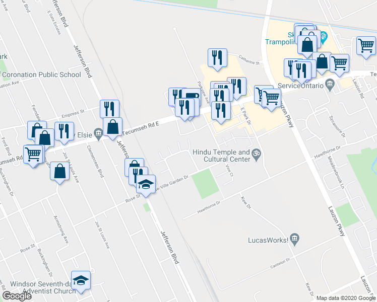 map of restaurants, bars, coffee shops, grocery stores, and more near 6546 Thornberry Crescent in Windsor