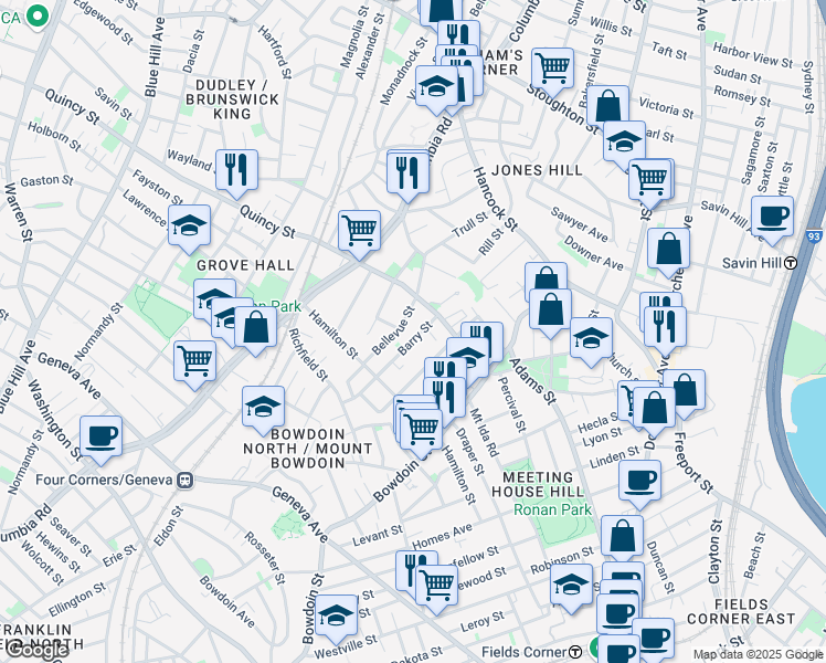 map of restaurants, bars, coffee shops, grocery stores, and more near 56 Bellevue Street in Boston