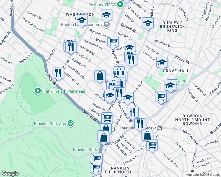 map of restaurants, bars, coffee shops, grocery stores, and more near 481 Blue Hill Avenue in Boston
