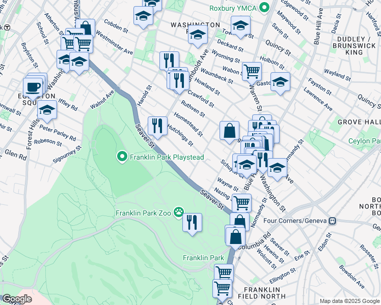 map of restaurants, bars, coffee shops, grocery stores, and more near 55 Brookledge Street in Boston