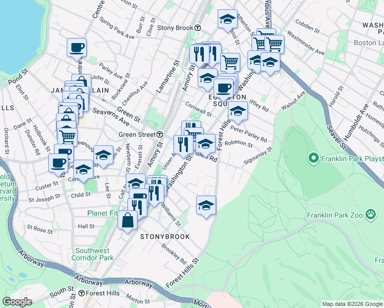 map of restaurants, bars, coffee shops, grocery stores, and more near 5 Glen Road in Boston