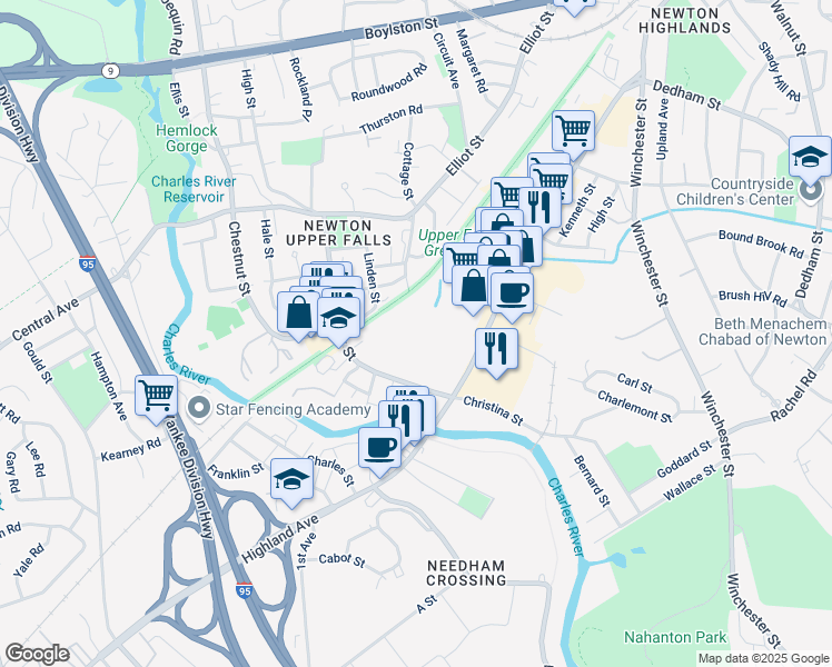 map of restaurants, bars, coffee shops, grocery stores, and more near 55 Tower Road in Newton