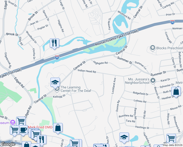 map of restaurants, bars, coffee shops, grocery stores, and more near 61 Indian Head Road in Framingham