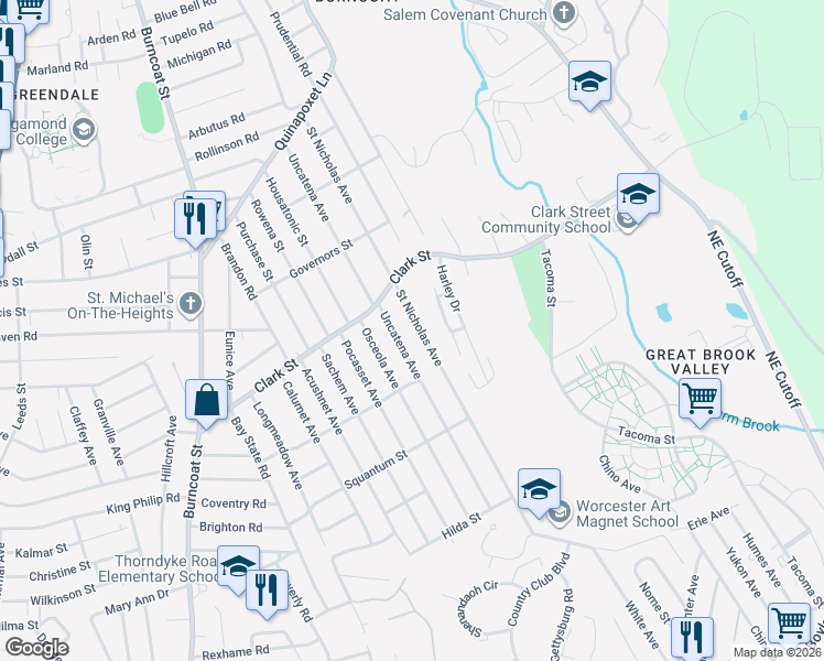map of restaurants, bars, coffee shops, grocery stores, and more near 113 Uncatena Avenue in Worcester
