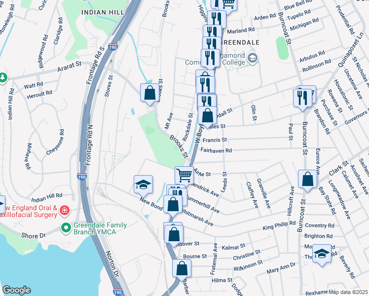 map of restaurants, bars, coffee shops, grocery stores, and more near in Worcester