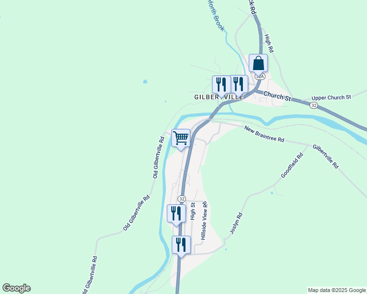 map of restaurants, bars, coffee shops, grocery stores, and more near 232 Main Street in New Braintree
