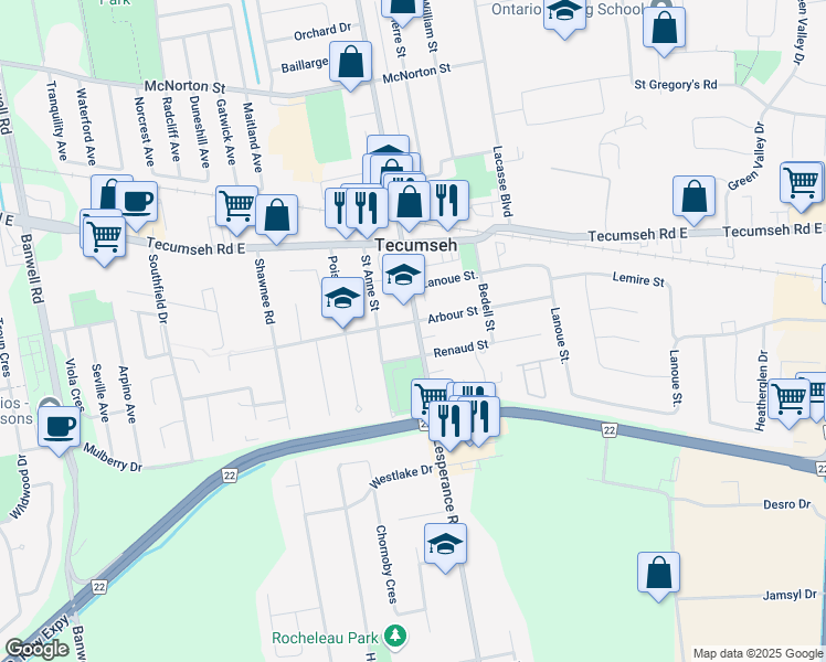 map of restaurants, bars, coffee shops, grocery stores, and more near 1422 Lesperance Road in Tecumseh