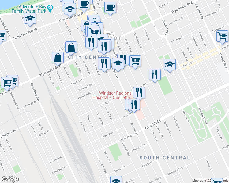 map of restaurants, bars, coffee shops, grocery stores, and more near 970 Victoria Avenue in Windsor